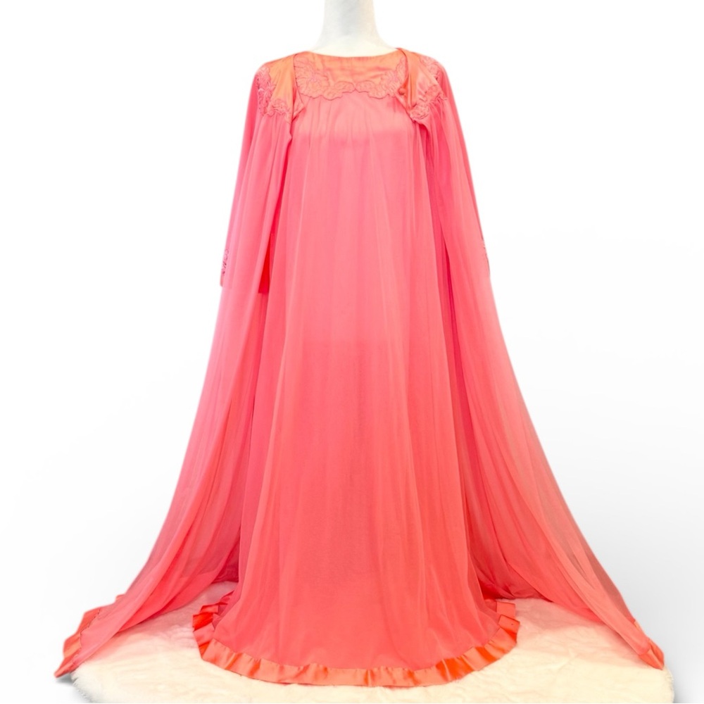 Vintage Artemis Gossard Pink Coral Silky Satin Sheer Chiffon Maxi Gown Robe Set